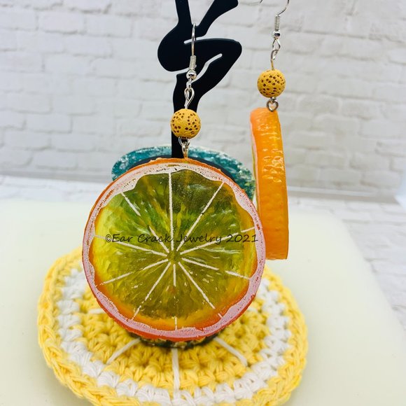 Hand Crafted- Resin Orange Dangle Earrings - Picture 3 of 7